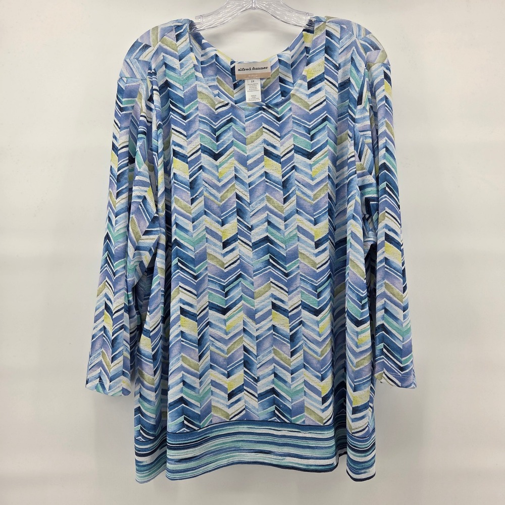 Alfred Dunner Knit Top 2X Blue Chevron 3/4 Sleeve Eclectic Aesthetic